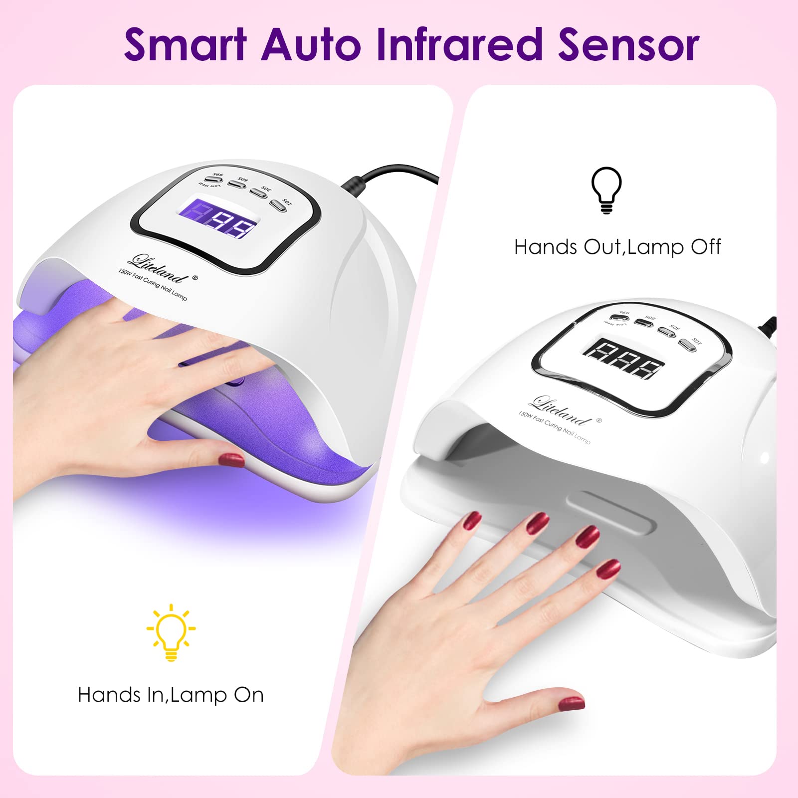 Liteland UV Gel Nail Lamp 150W – 4-Timer LED Nail Dryer for Gel Polish & Toes