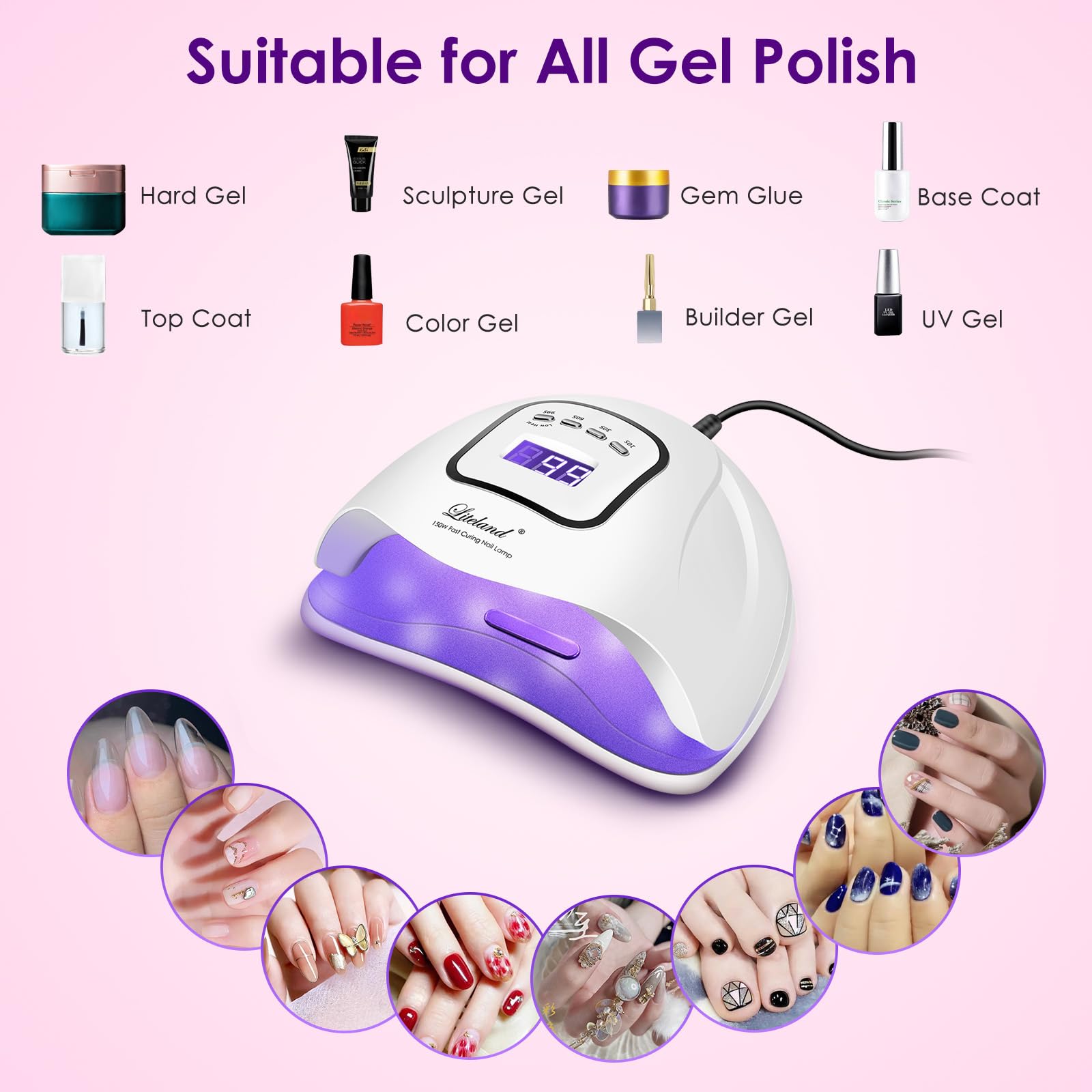 Liteland UV Gel Nail Lamp 150W – 4-Timer LED Nail Dryer for Gel Polish & Toes