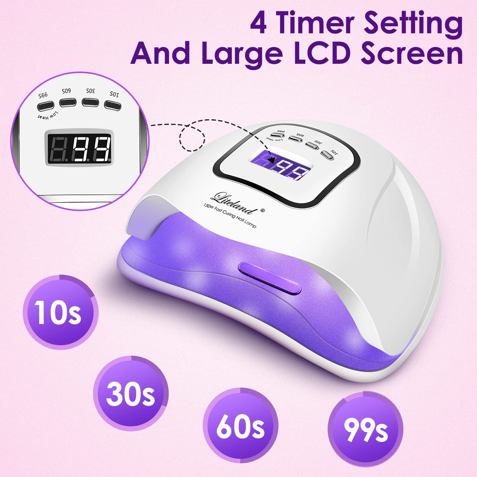 Liteland UV Gel Nail Lamp 150W – 4-Timer LED Nail Dryer for Gel Polish & Toes