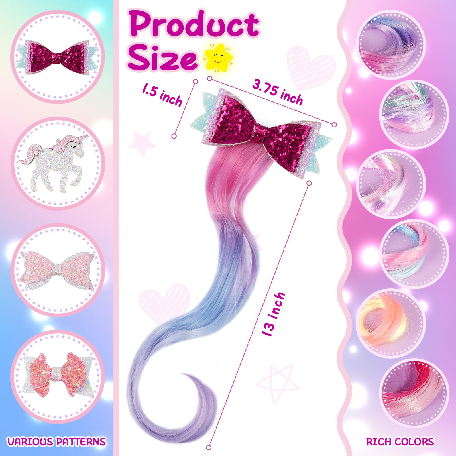 Little World 6-Piece Unicorn Hair Clips for Girls – Gradient Rainbow Bows