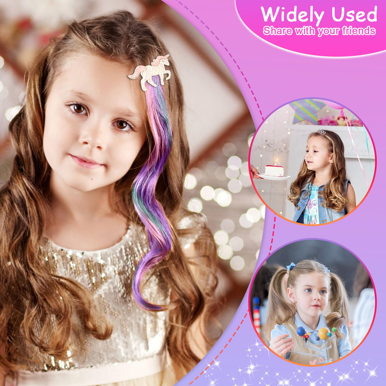 Little World 6-Piece Unicorn Hair Clips for Girls – Gradient Rainbow Bows