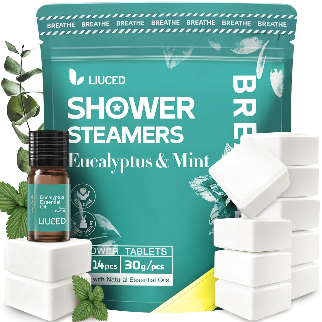 LIUCED 14+1 Shower Steamers Aromatherapy Pack – Eucalyptus & Mint, 5ml Eucalyptus Oil, Gifts for Her