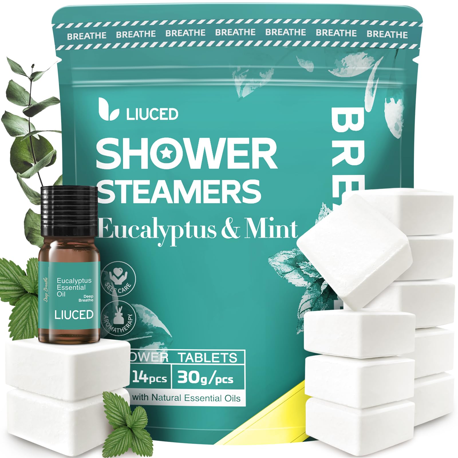 LIUCED 14+1 Shower Steamers Aromatherapy Pack – Eucalyptus & Mint, 5ml Eucalyptus Oil, Gifts for Her