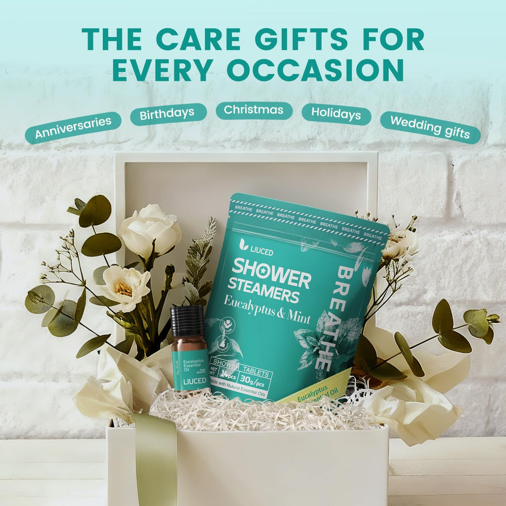 LIUCED 14+1 Shower Steamers Aromatherapy Pack – Eucalyptus & Mint, 5ml Eucalyptus Oil, Gifts for Her