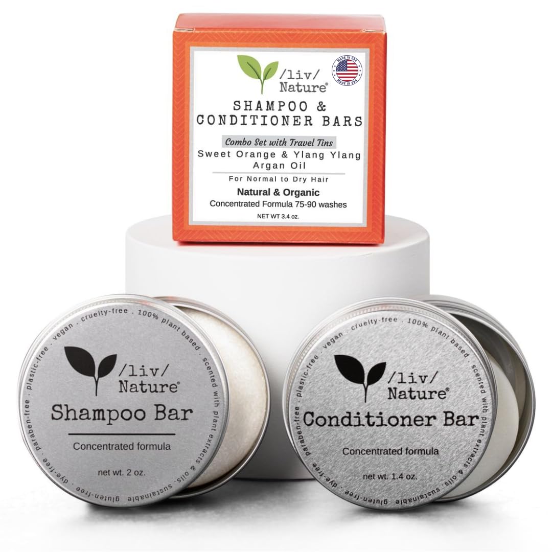 /liv/ Nature Shampoo Bar & Conditioner Set with Travel Case | Moisture & Volume for Dry Hair | Orange, Ylang Ylang, Argan Oil | Made in USA | 2-Piece