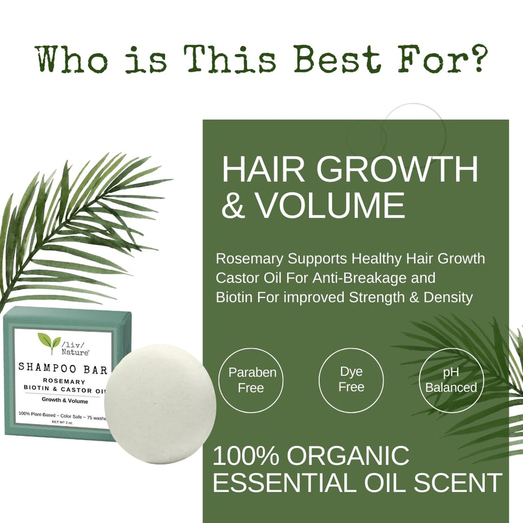 Liv Nature Shampoo Bar | Growth & Volume for Thin Hair | Rosemary, Biotin & Castor Oil | Handmade in USA