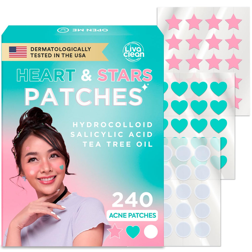 LivaClean 240-Count Heart & Star Pimple Patches with Salicylic Acid & Tea Tree Oil | Hydrocolloid Zit Patches