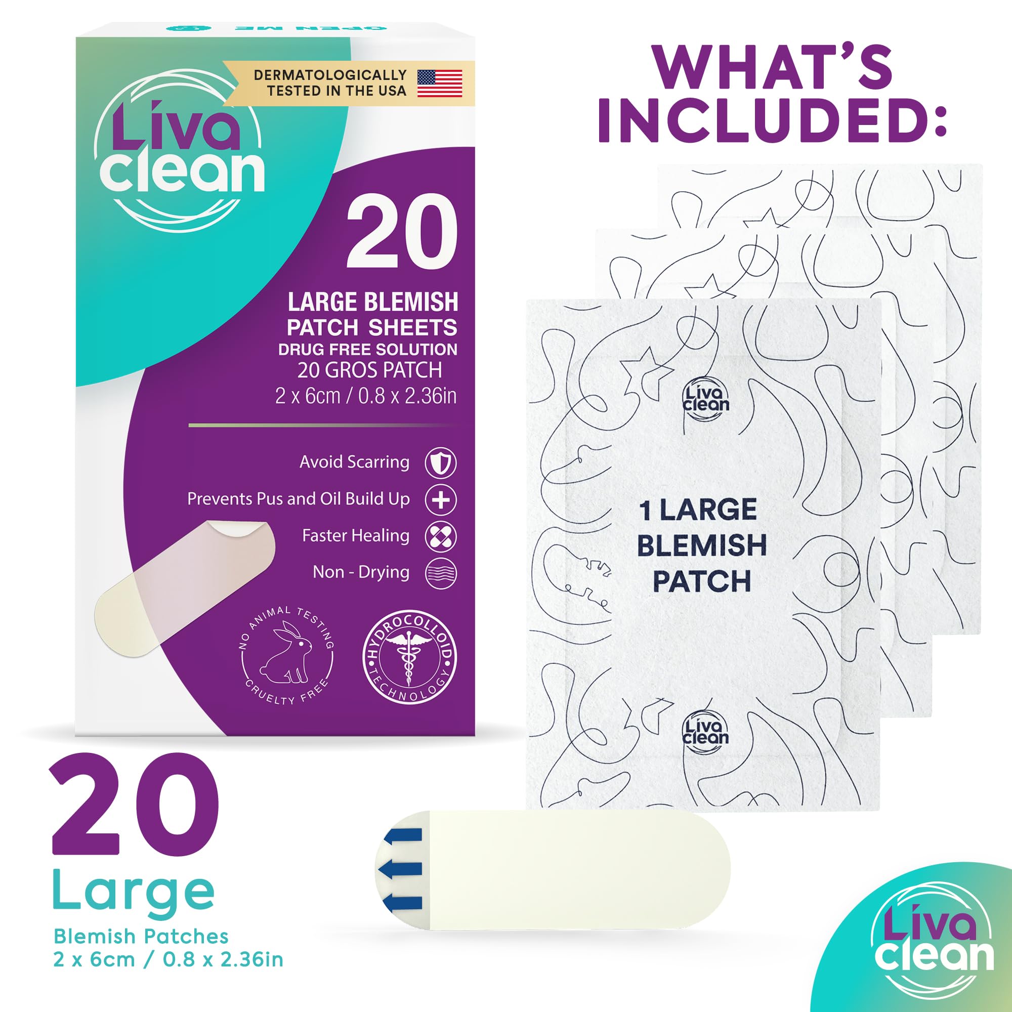 LivaClean Large Hydrocolloid Acne Patches – 20 Patches per Pack, Pack of 2