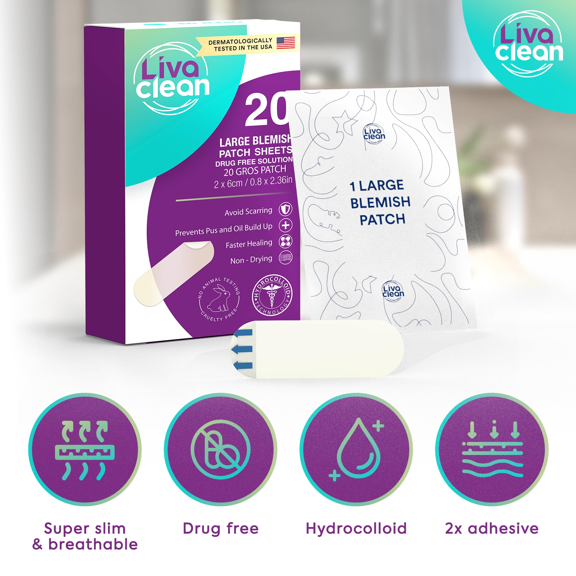 LivaClean Large Hydrocolloid Acne Patches – 20 Patches per Pack, Pack of 2