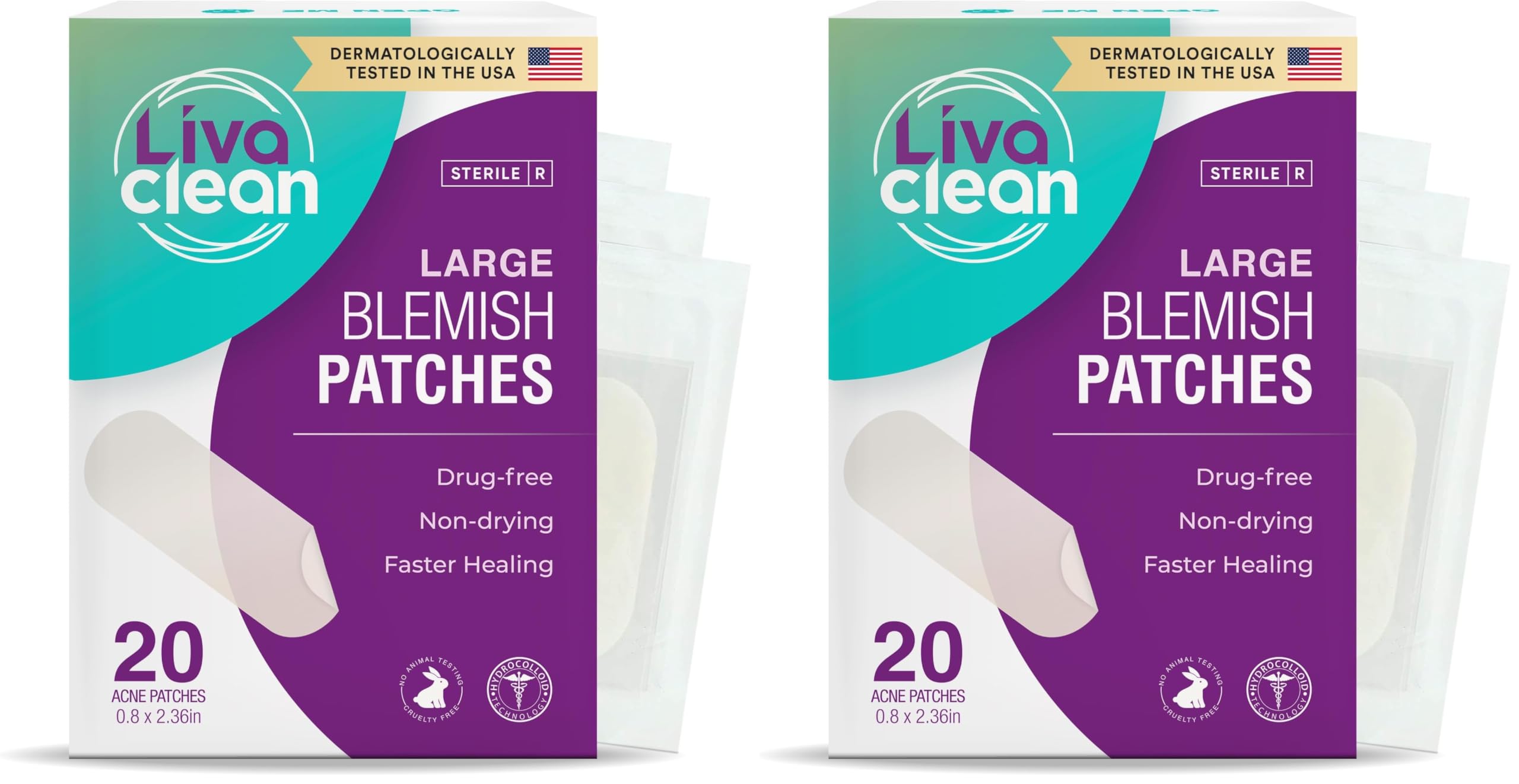 LivaClean Large Hydrocolloid Acne Patches – 20 Patches per Pack, Pack of 2