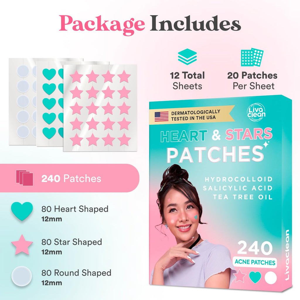LivaClean 240-Count Heart & Star Pimple Patches with Salicylic Acid & Tea Tree Oil | Hydrocolloid Zit Patches