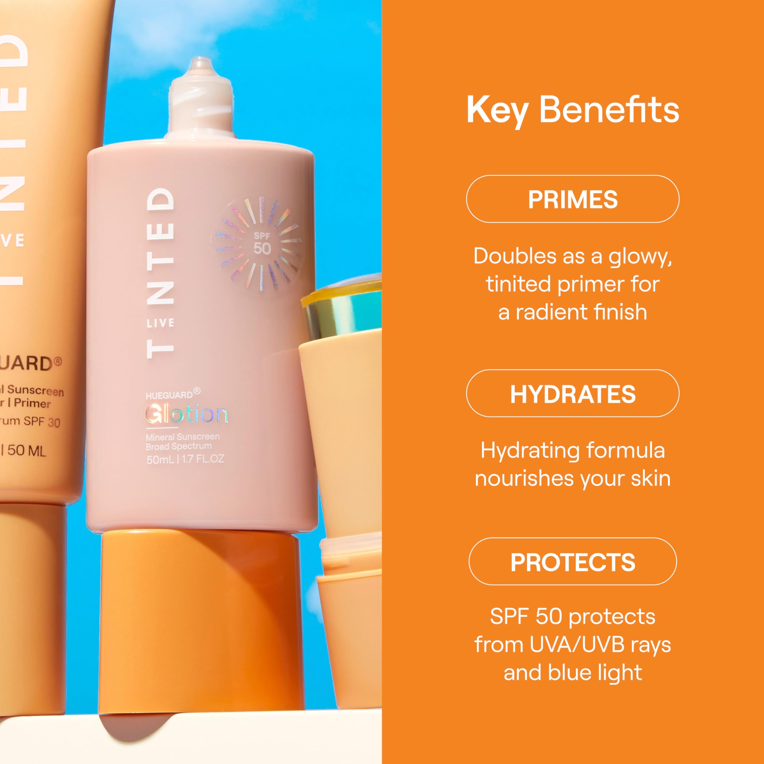 Live Tinted Hueguard Glotion – Mineral SPF 50 Tint, Lightweight Fragrance-Free Sunscreen & Primer (Light/Medium)