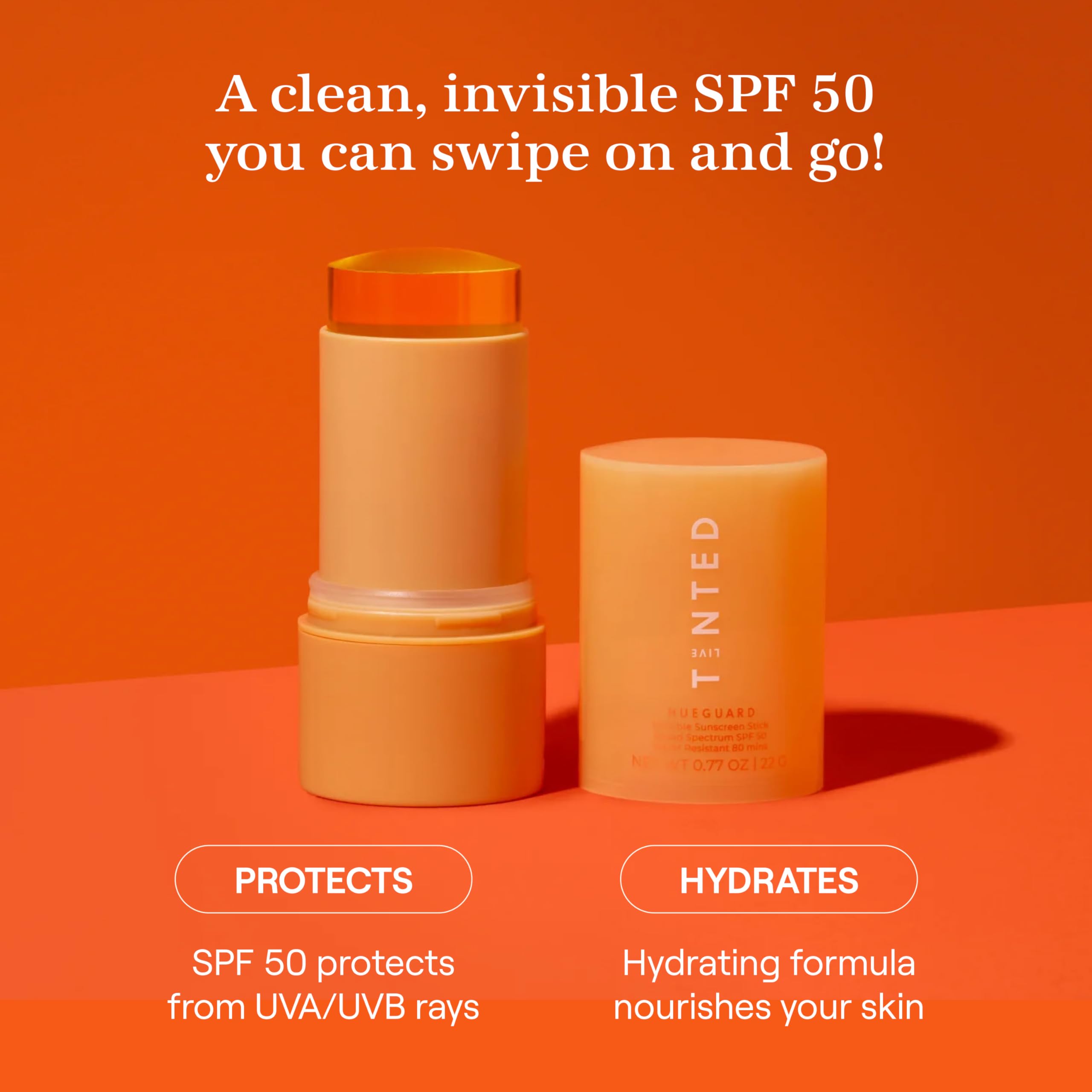 Live Tinted Hueguard Invisible Sunscreen Stick SPF 50 – Waterproof, No White Cast, Reef-Friendly (0.77oz/22g)