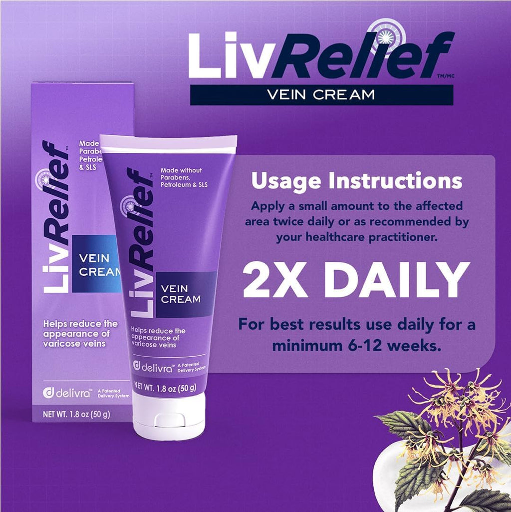 LivRelief Varicose Veins Cream - Gentle, Fragrance-Free 1.8 oz for Legs, Feet & Ankles