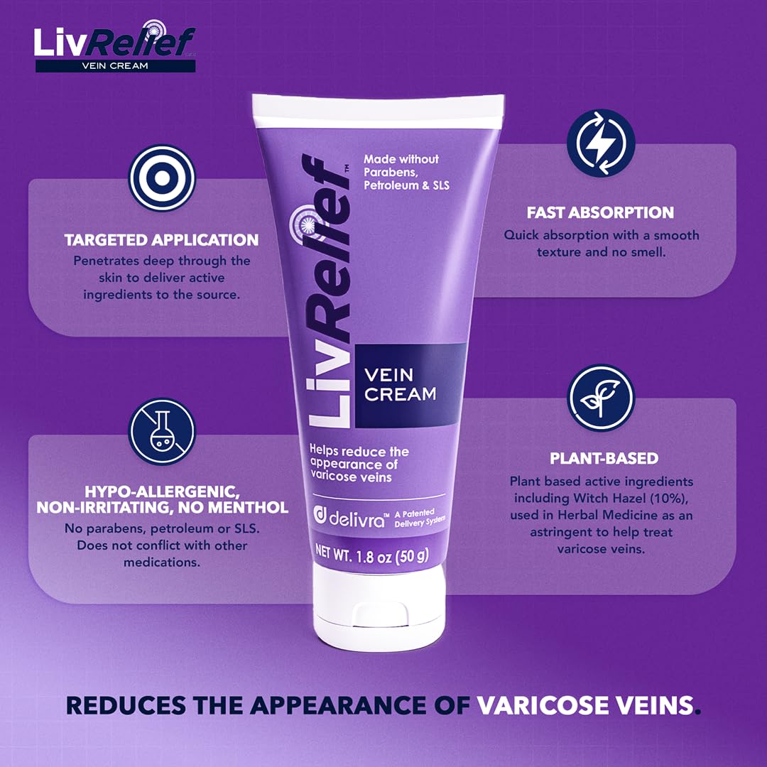 LivRelief Varicose Veins Cream - Gentle, Fragrance-Free 1.8 oz for Legs, Feet & Ankles