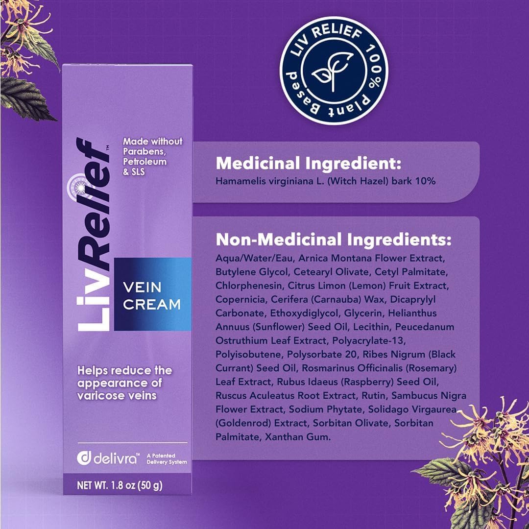 LivRelief Varicose Veins Cream - Gentle, Fragrance-Free 1.8 oz for Legs, Feet & Ankles
