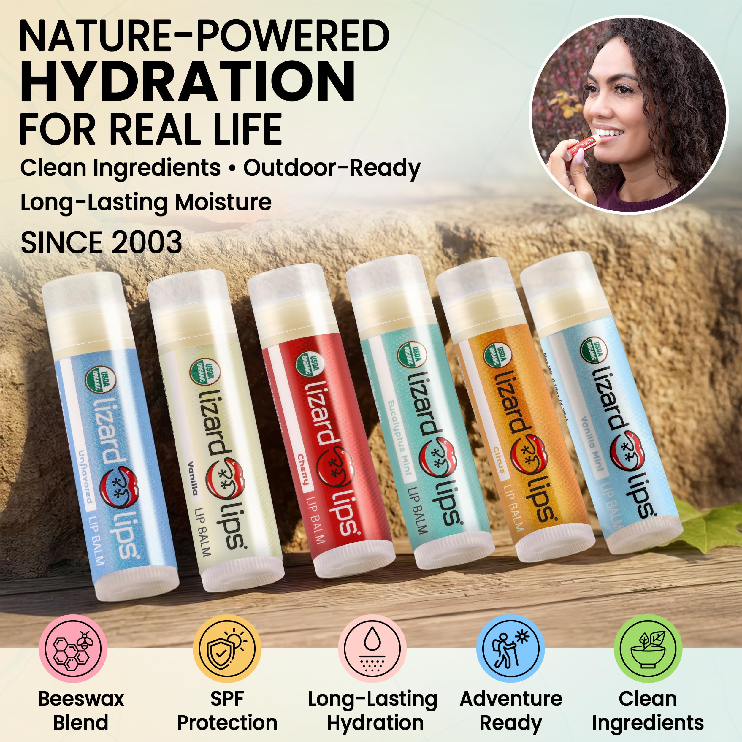 Lizard Lips USDA Organic Lip Balm Set of 4 – Vanilla, Cherry, Unflavored, Eucalyptus Mint | Travel‑Friendly Lip Care