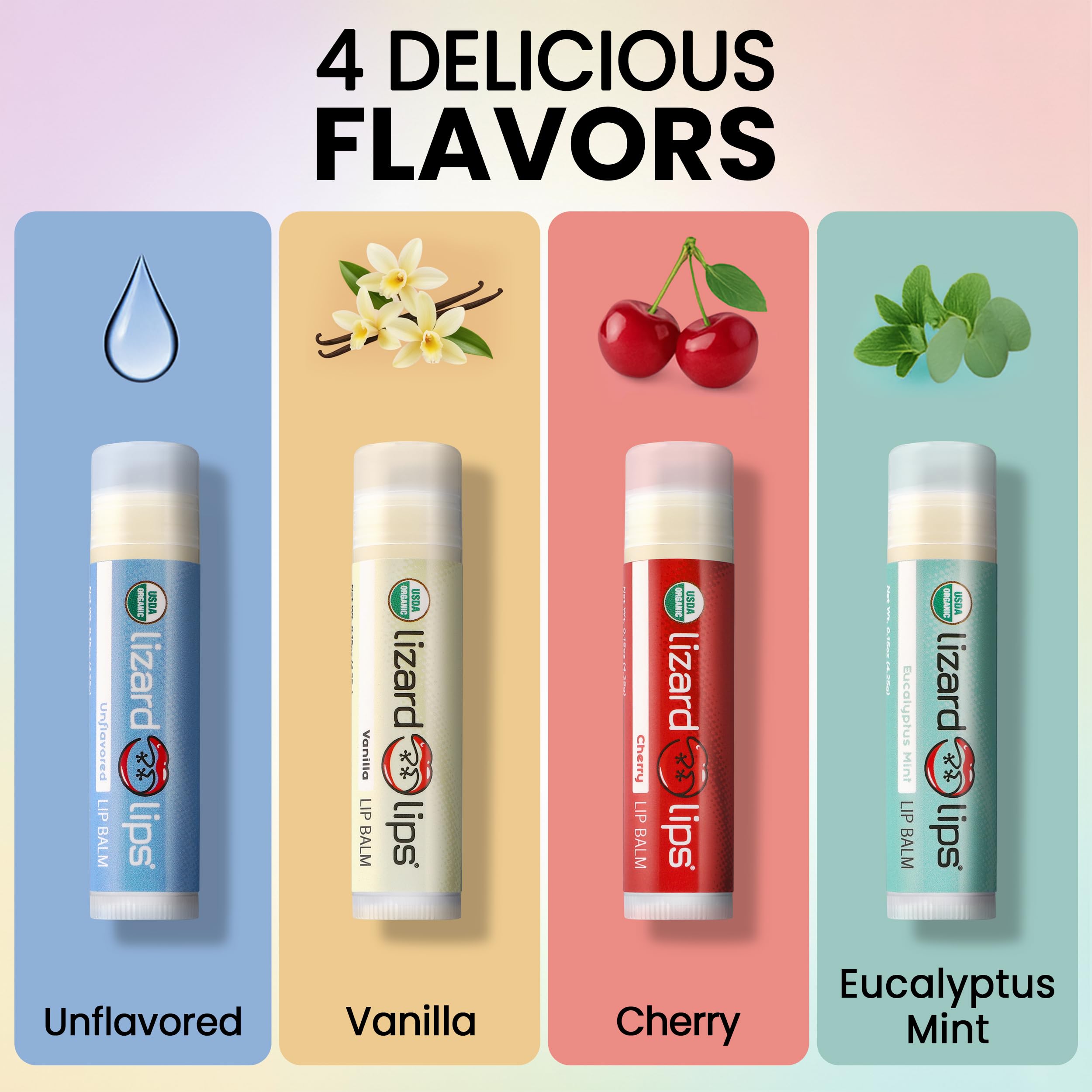 Lizard Lips USDA Organic Lip Balm Set of 4 – Vanilla, Cherry, Unflavored, Eucalyptus Mint | Travel‑Friendly Lip Care