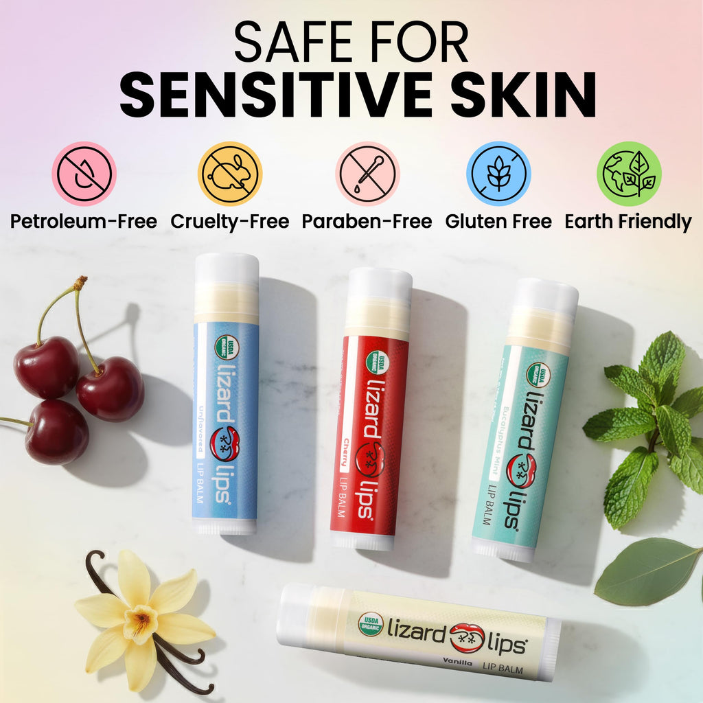 Lizard Lips USDA Organic Lip Balm Set of 4 – Vanilla, Cherry, Unflavored, Eucalyptus Mint | Travel‑Friendly Lip Care
