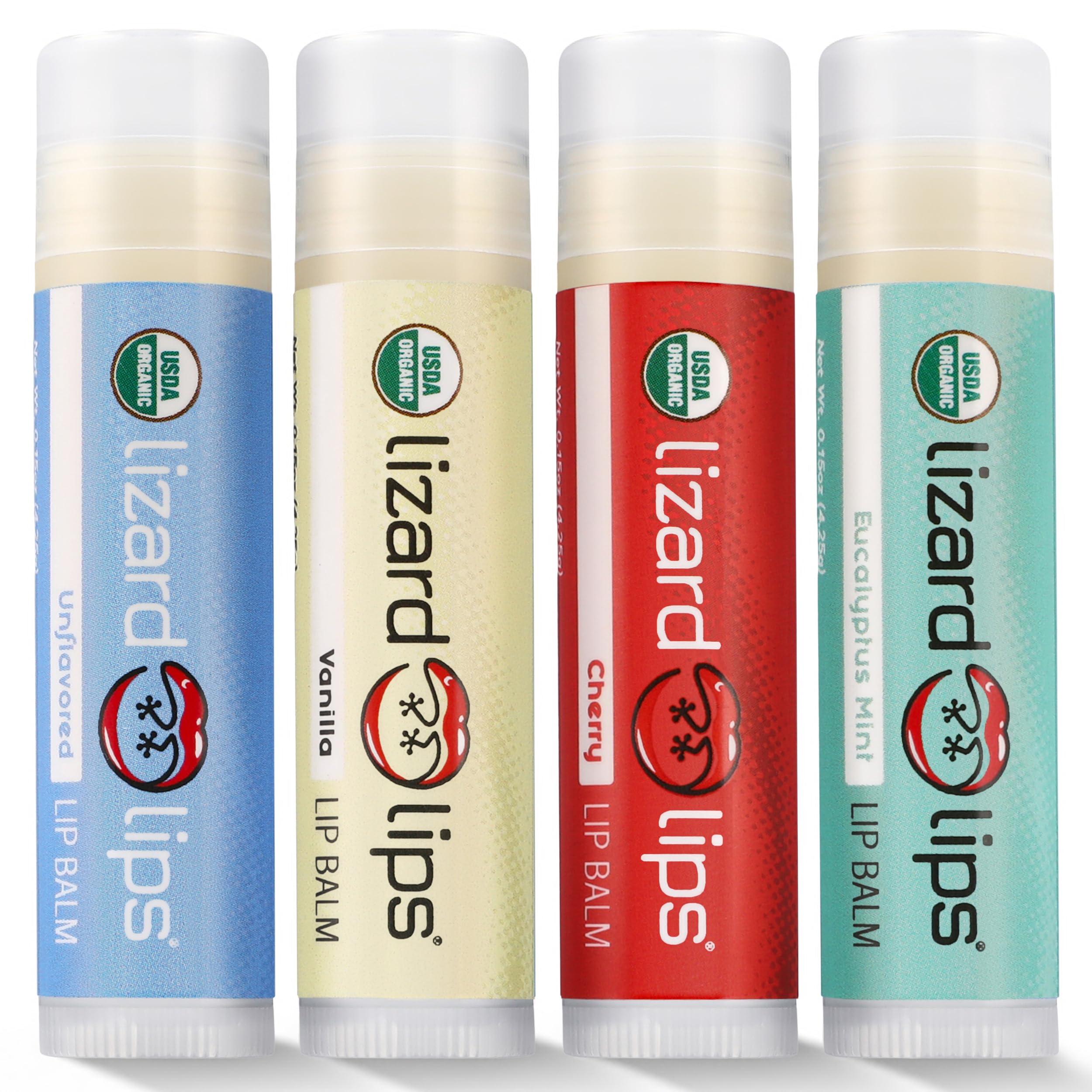 Lizard Lips USDA Organic Lip Balm Set of 4 – Vanilla, Cherry, Unflavored, Eucalyptus Mint | Travel‑Friendly Lip Care