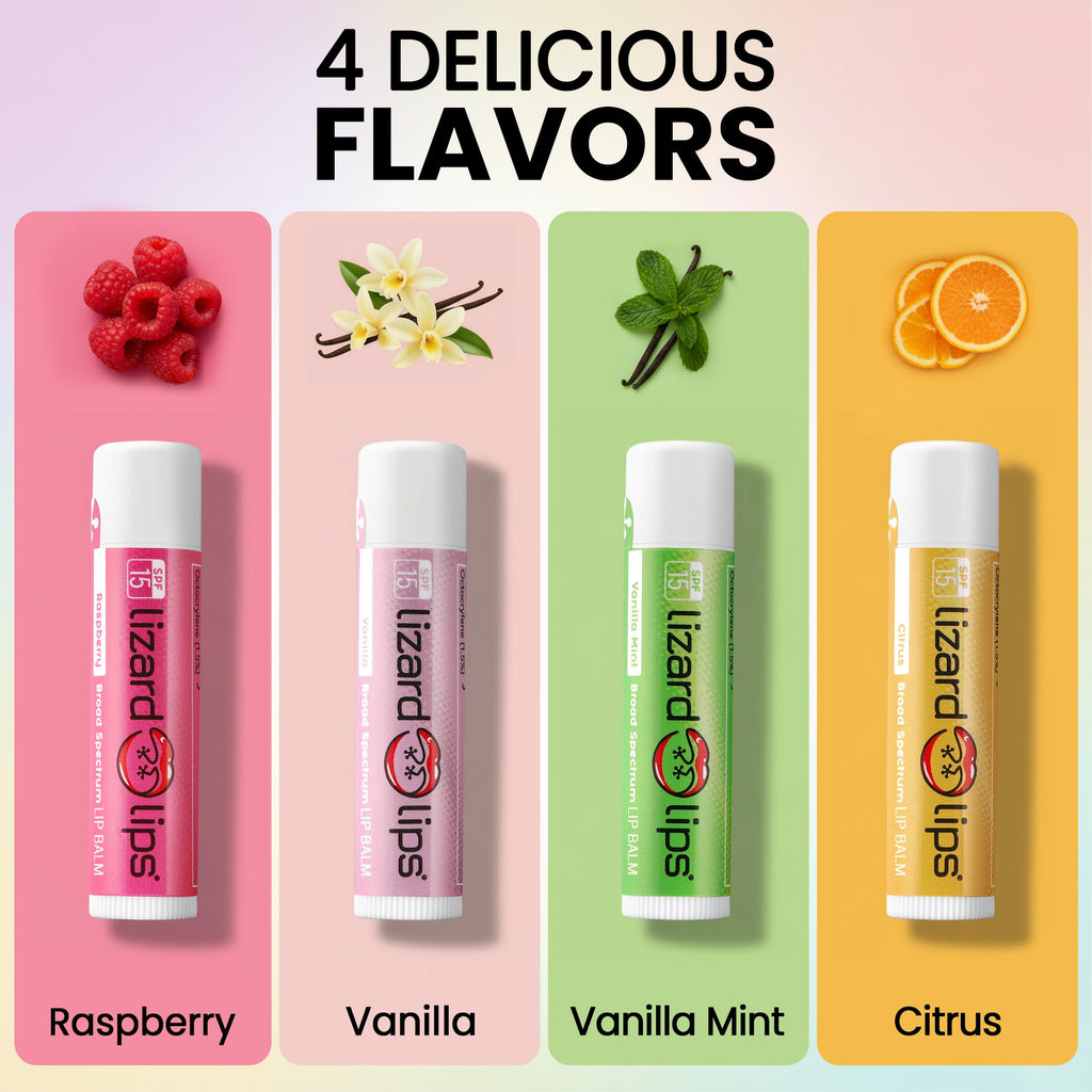 Lizard Lips Lip Balm SPF 15 – Variety Pack (4 Flavors): Vanilla, Vanilla Mint, Raspberry, Citrus