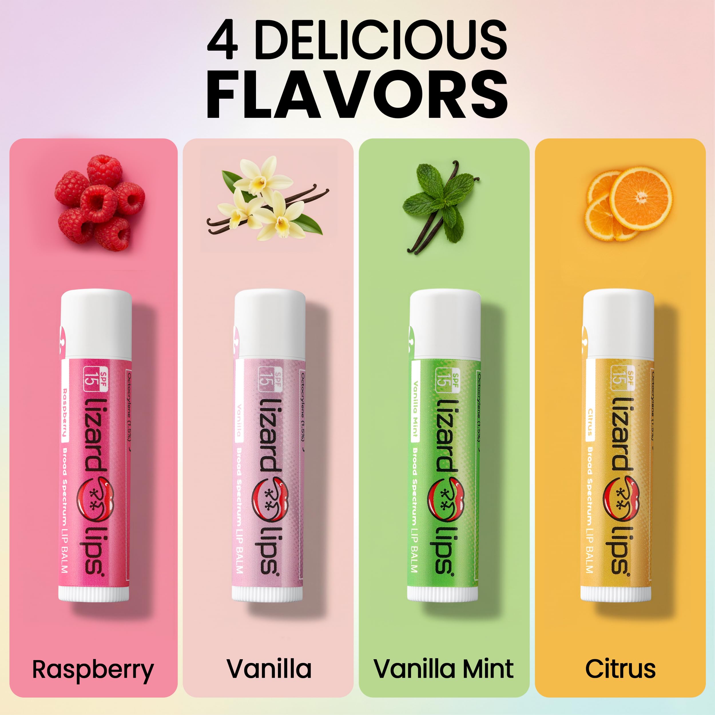Lizard Lips Lip Balm SPF 15 – Variety Pack (4 Flavors): Vanilla, Vanilla Mint, Raspberry, Citrus