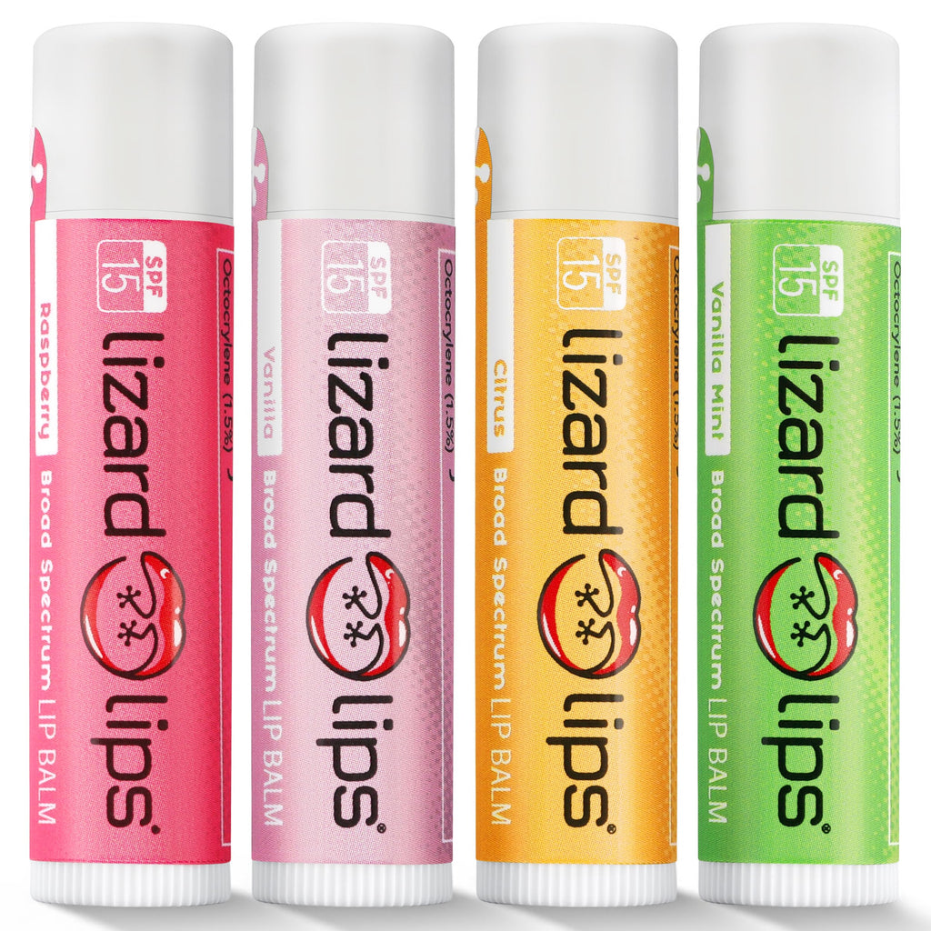 Lizard Lips Lip Balm SPF 15 – Variety Pack (4 Flavors): Vanilla, Vanilla Mint, Raspberry, Citrus