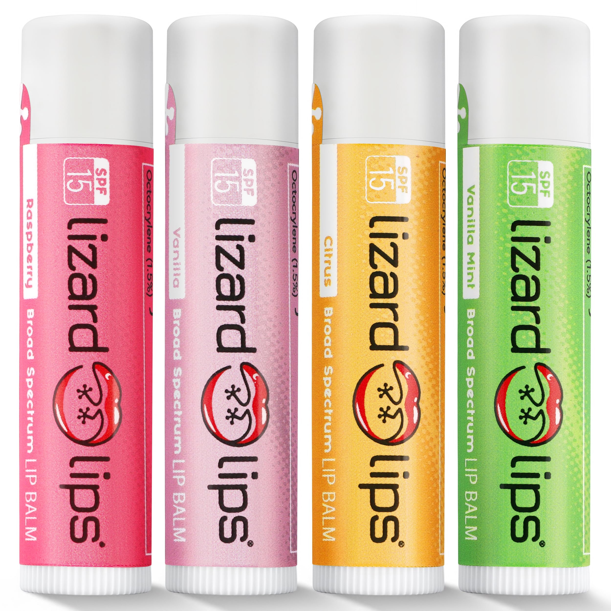 Lizard Lips Lip Balm SPF 15 – Variety Pack (4 Flavors): Vanilla, Vanilla Mint, Raspberry, Citrus