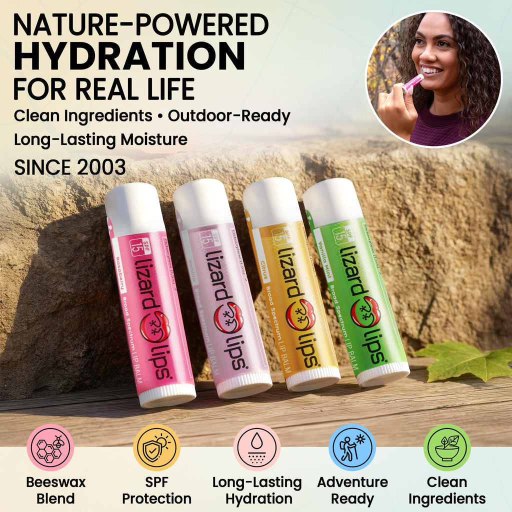 Lizard Lips Lip Balm SPF 15 – Variety Pack (4 Flavors): Vanilla, Vanilla Mint, Raspberry, Citrus