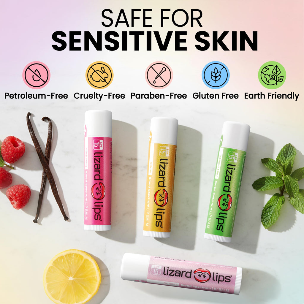 Lizard Lips Lip Balm SPF 15 – Variety Pack (4 Flavors): Vanilla, Vanilla Mint, Raspberry, Citrus