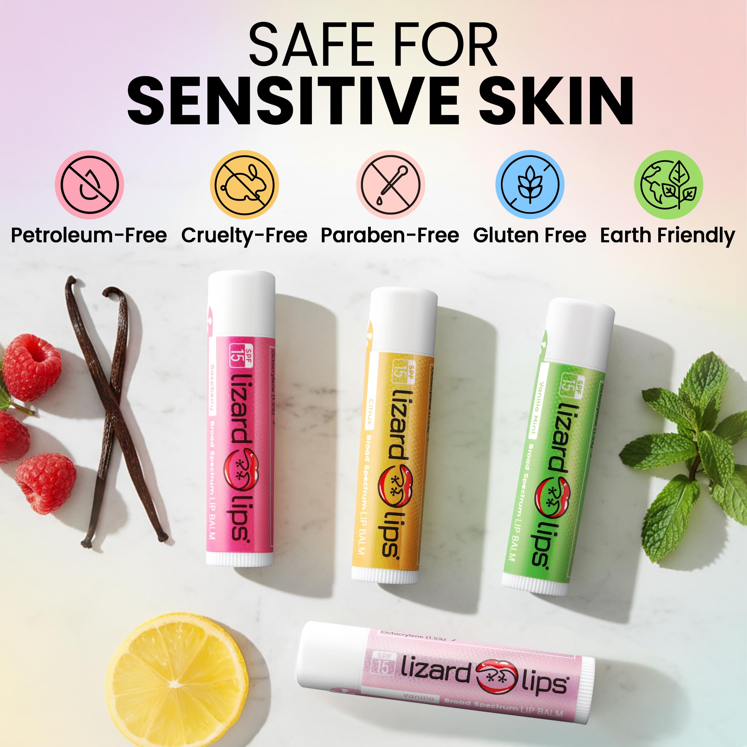 Lizard Lips Lip Balm SPF 15 – Variety Pack (4 Flavors): Vanilla, Vanilla Mint, Raspberry, Citrus