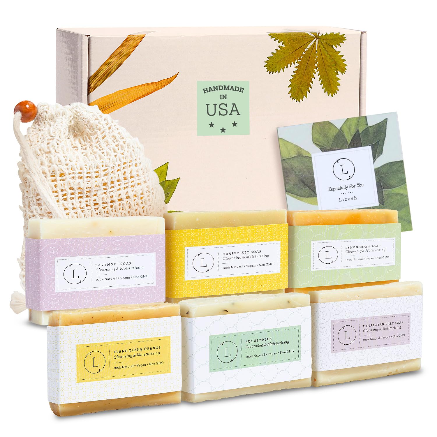 Lizush 6-Piece Soap Gift Set | Handmade in USA Spa Bars with Lemongrass, Grapefruit, Eucalyptus, Lavender