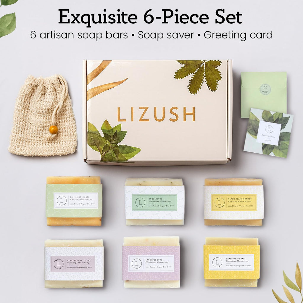 Lizush 6-Piece Soap Gift Set | Handmade in USA Spa Bars with Lemongrass, Grapefruit, Eucalyptus, Lavender