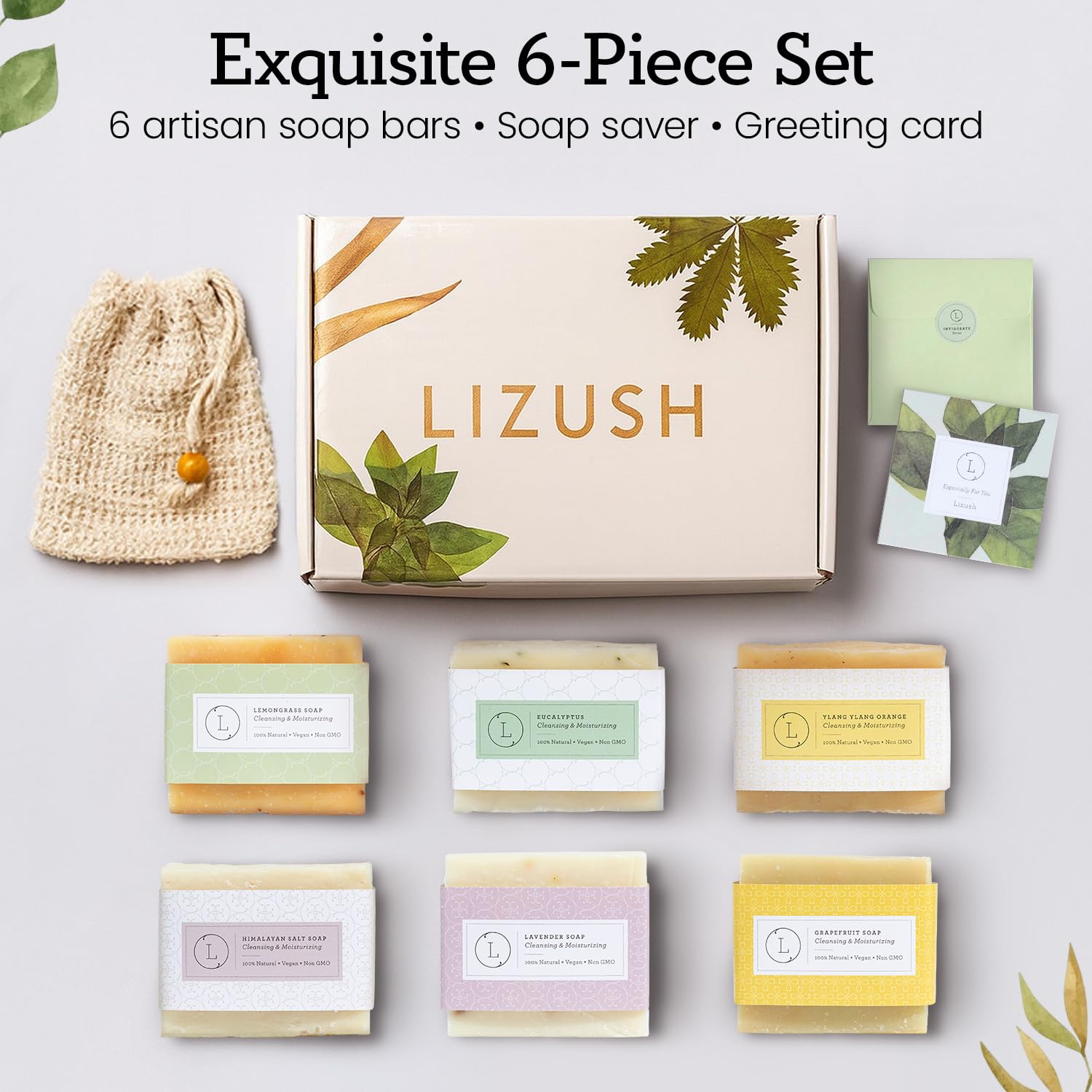 Lizush 6-Piece Soap Gift Set | Handmade in USA Spa Bars with Lemongrass, Grapefruit, Eucalyptus, Lavender