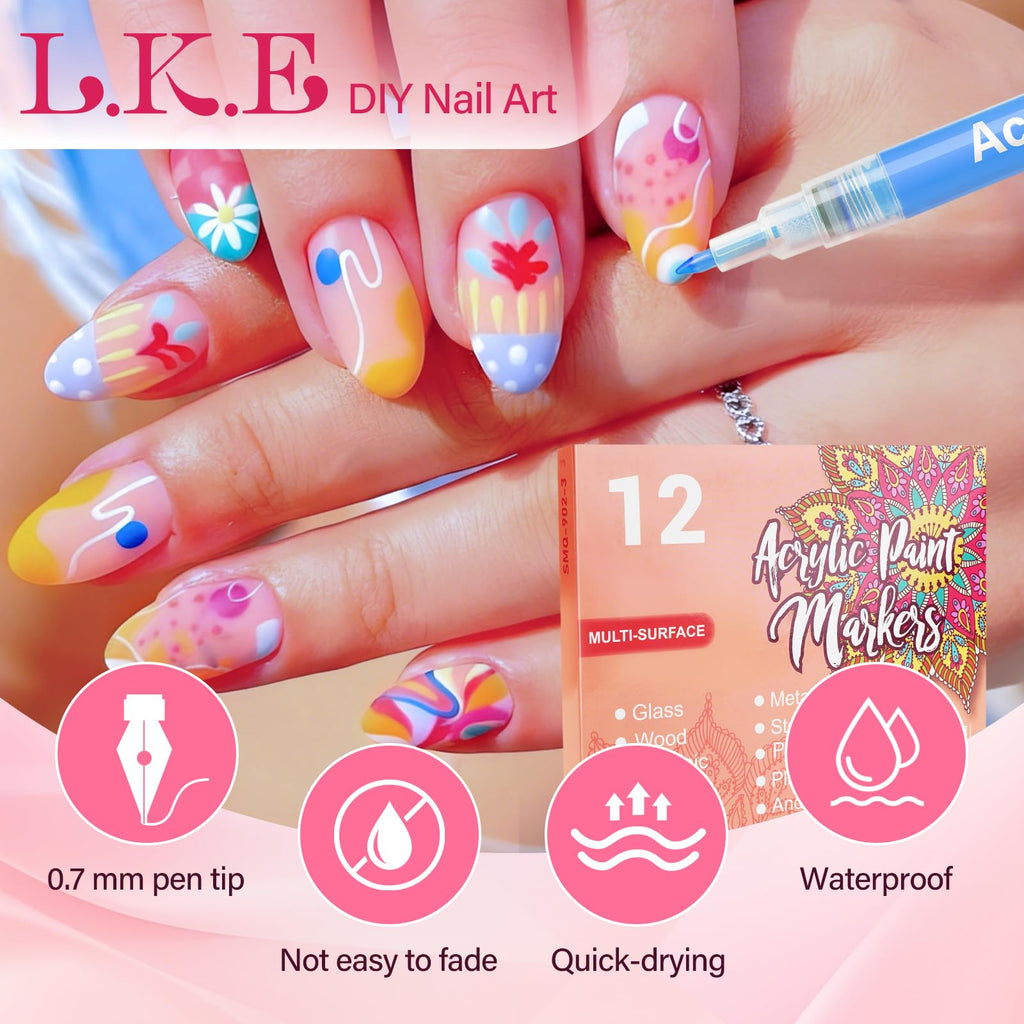 LKE 12 Colors Nail Art Pens Set – Quick-Dry Nail Design Markers for DIY Manicures