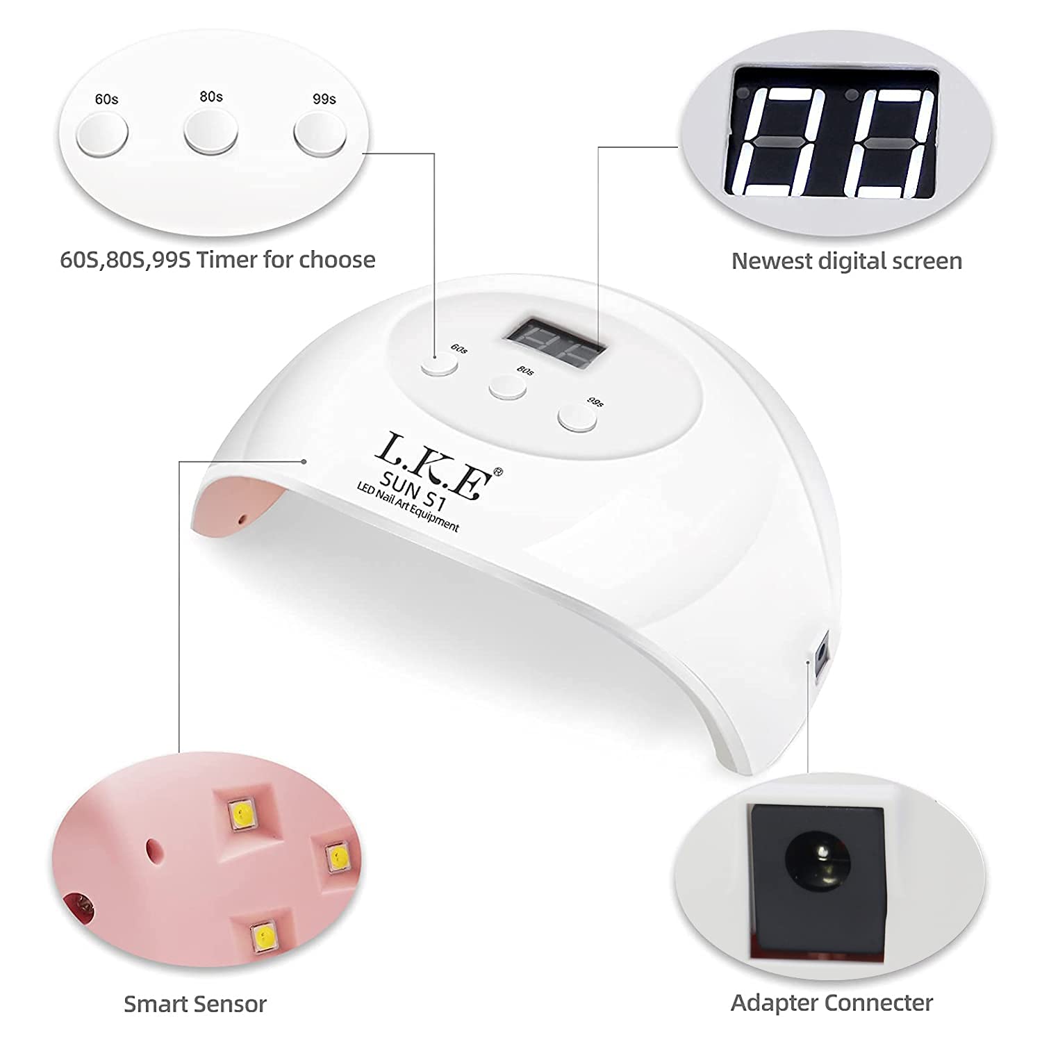 LKE UV LED Nail Lamp 72W – Gel Polish Curing, 3 Timers, Smart Sensor, White
