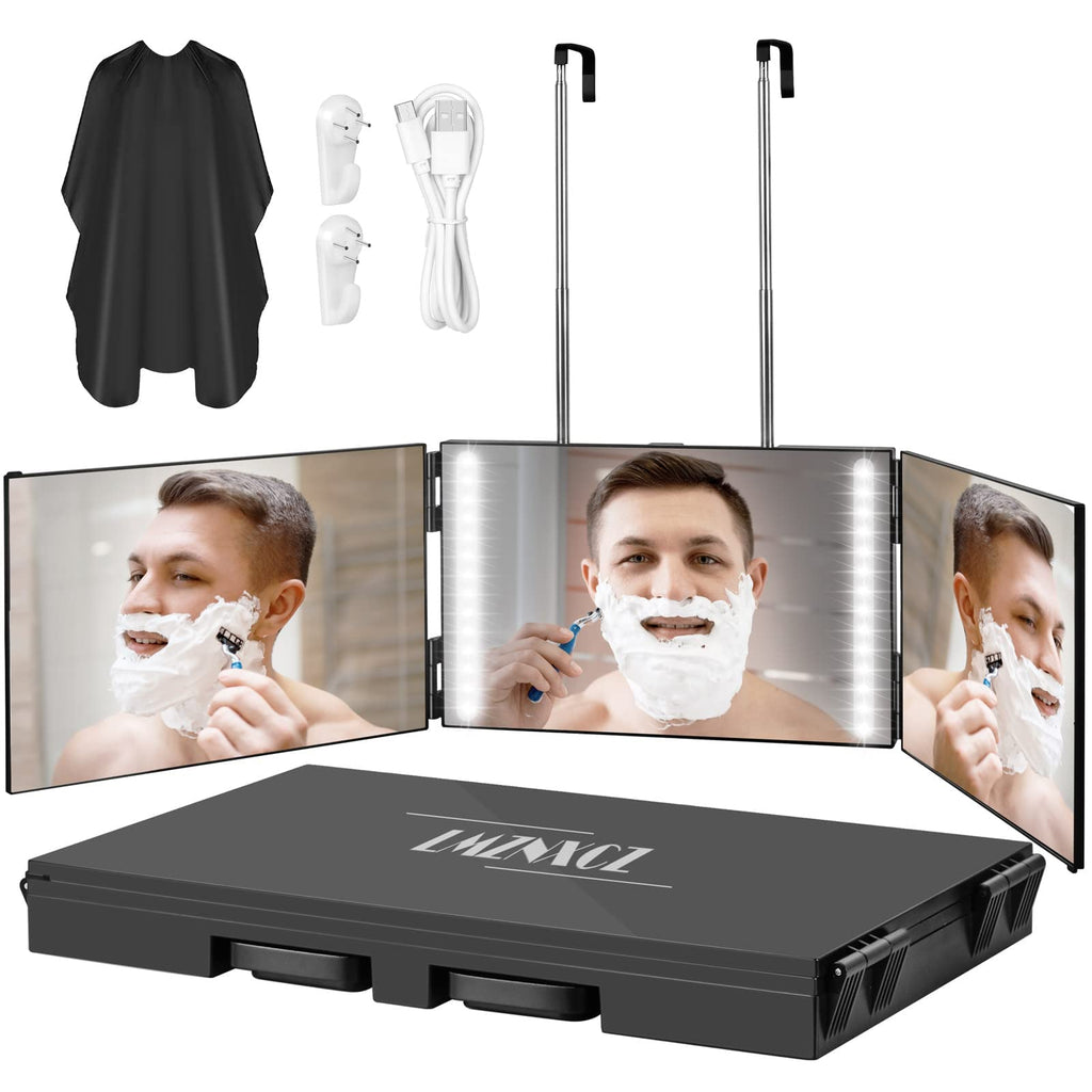 LMZNXCZ LED 3-Way Mirror for Self Hair Cutting | 360° View, Portable Tri-Fold with Telescoping Hooks