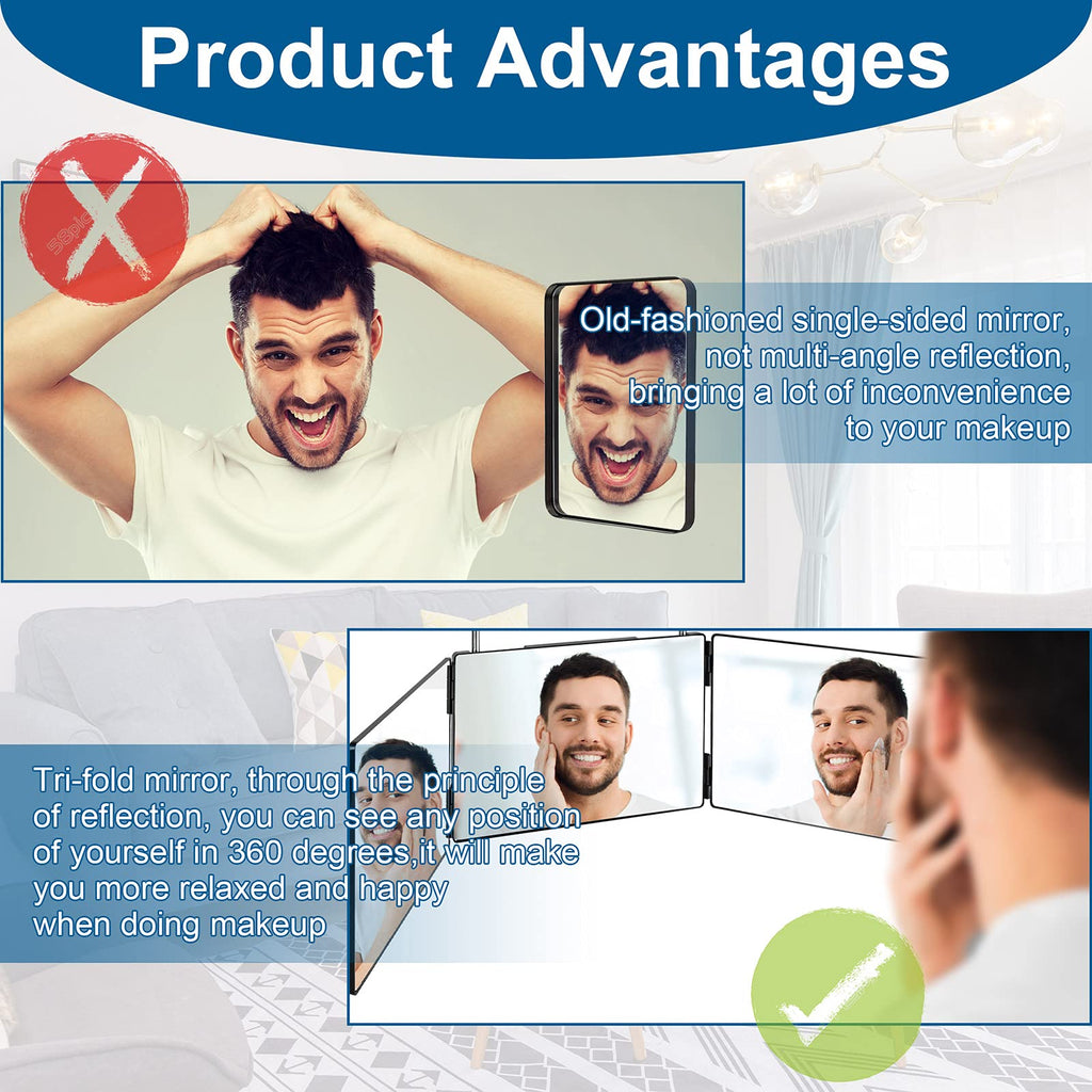 LMZNXCZ 3-Way Mirror for Self Hair Cutting – 360° Viewing, Tri-Fold with Portable Hooks