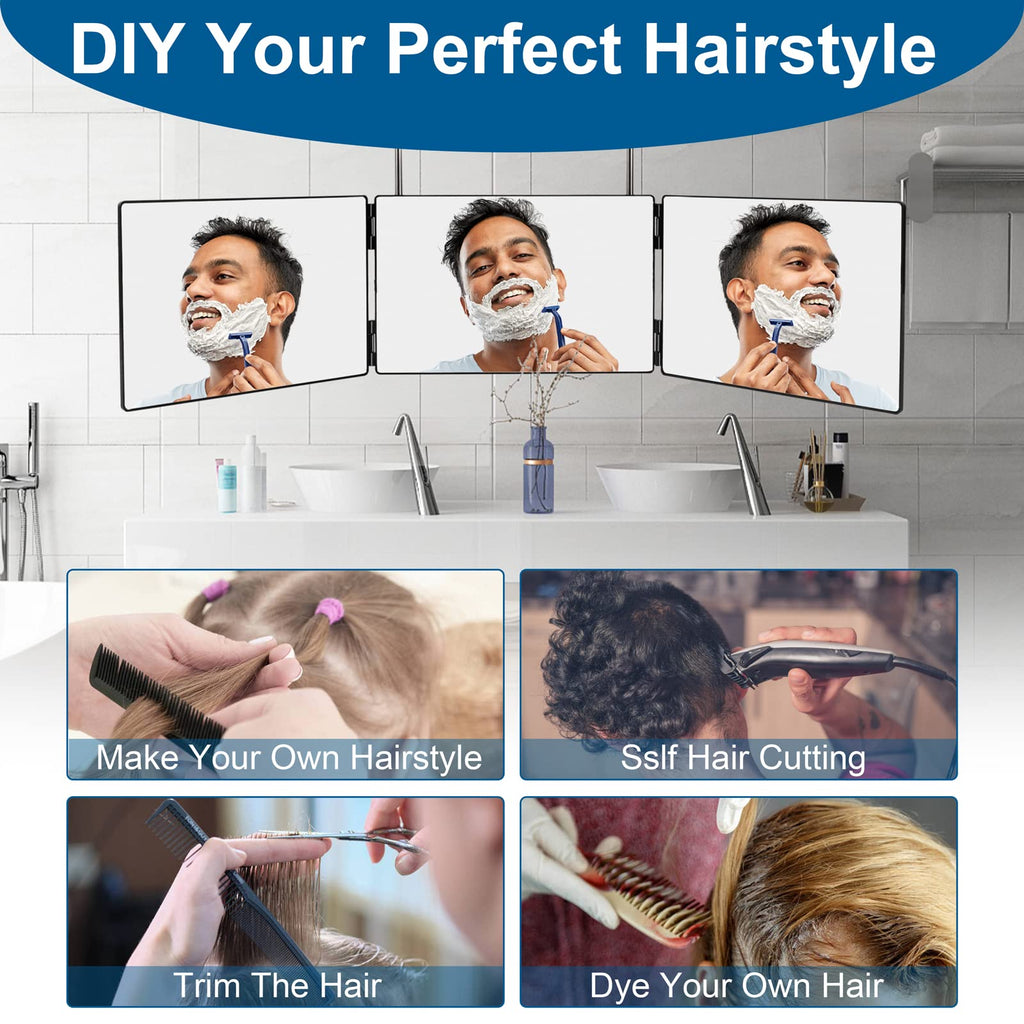 LMZNXCZ 3-Way Mirror for Self Hair Cutting – 360° Viewing, Tri-Fold with Portable Hooks