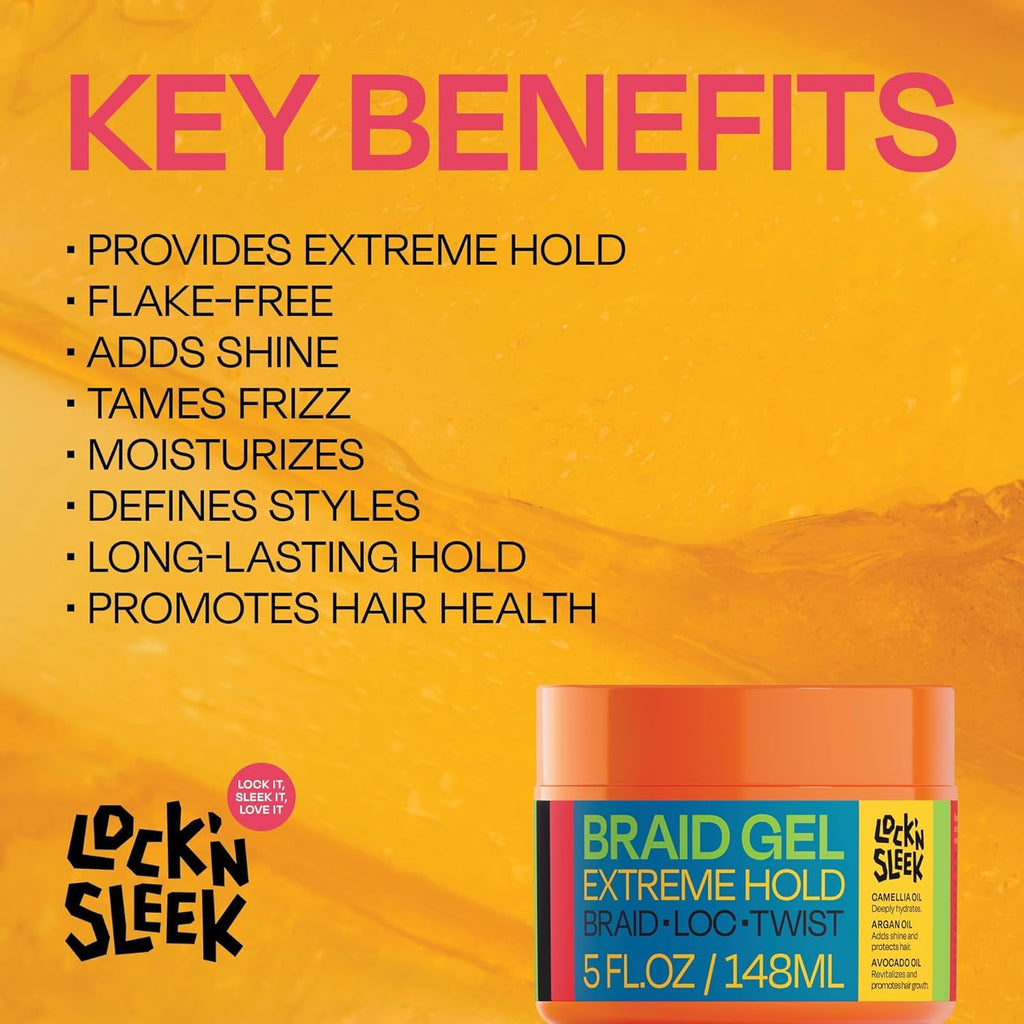 LOCK'N SLEEK Braid Gel (15 oz) - Extreme Hold, Flake-Free, High Shine Edge Control
