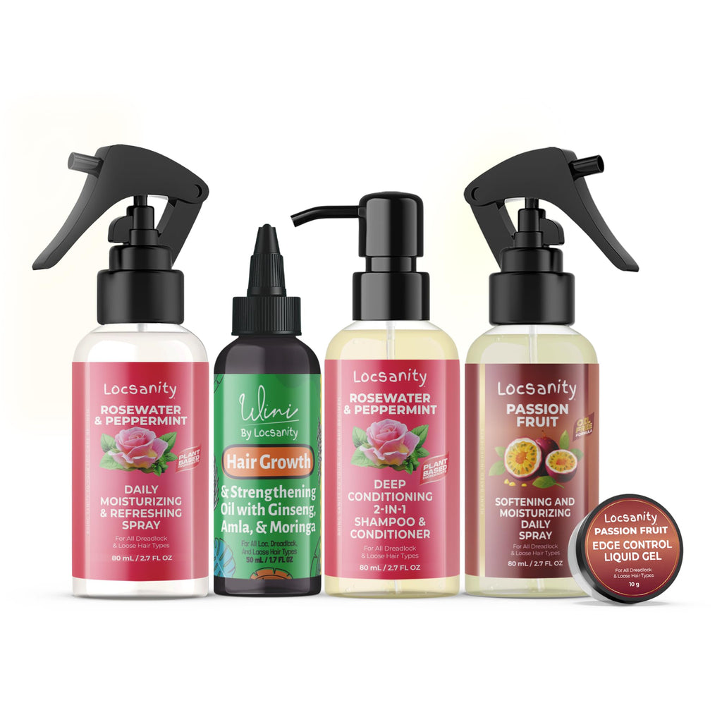 Locsanity Organic Teen Locs Essentials Kit – 2-in-1 Shampoo & Conditioner, Passion Fruit Spray, Hair Oil, Rosewater Peppermint Tightening Gel, Liquid Edge Gel