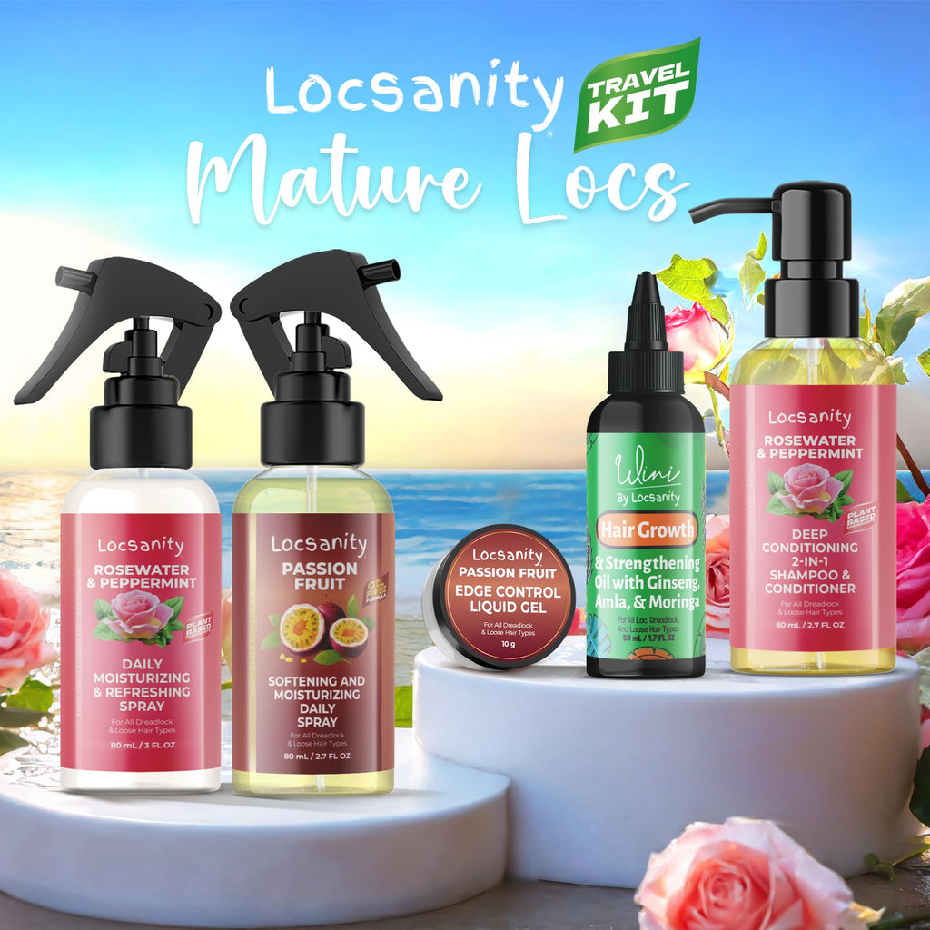 Locsanity Organic Teen Locs Essentials Kit – 2-in-1 Shampoo & Conditioner, Passion Fruit Spray, Hair Oil, Rosewater Peppermint Tightening Gel, Liquid Edge Gel