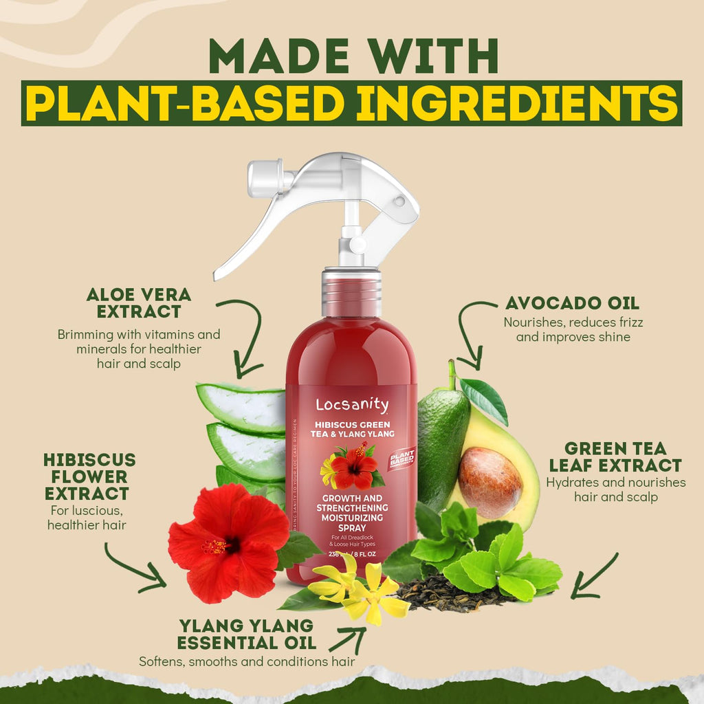 Locsanity Hibiscus Green Tea Hair Moisturizer Spray for Dreadlocks and Loose Hair – Thicker, Fuller Locs (8oz)