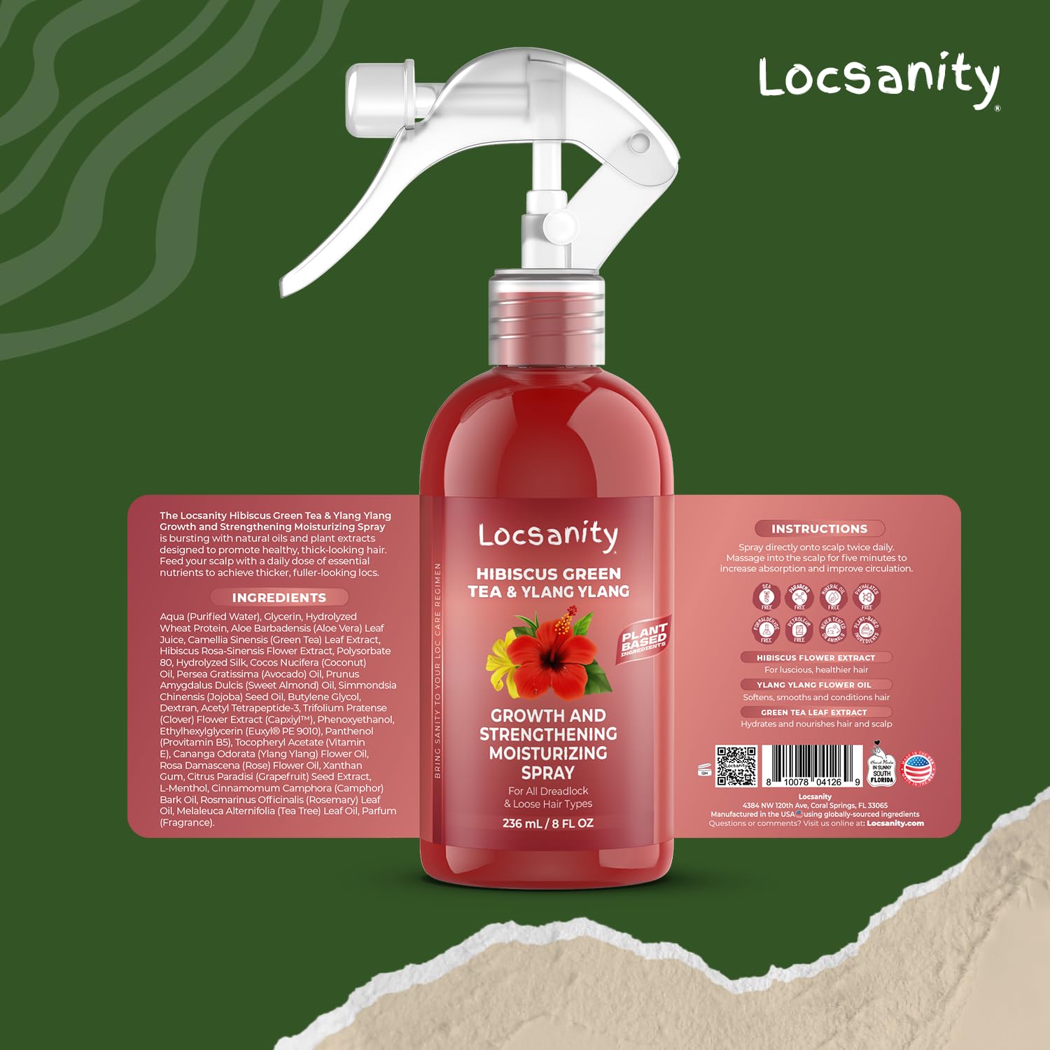 Locsanity Hibiscus Green Tea Hair Moisturizer Spray for Dreadlocks and Loose Hair – Thicker, Fuller Locs (8oz)