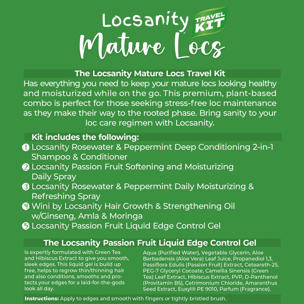 Locsanity Organic Teen Locs Essentials Kit – 2-in-1 Shampoo & Conditioner, Passion Fruit Spray, Hair Oil, Rosewater Peppermint Tightening Gel, Liquid Edge Gel