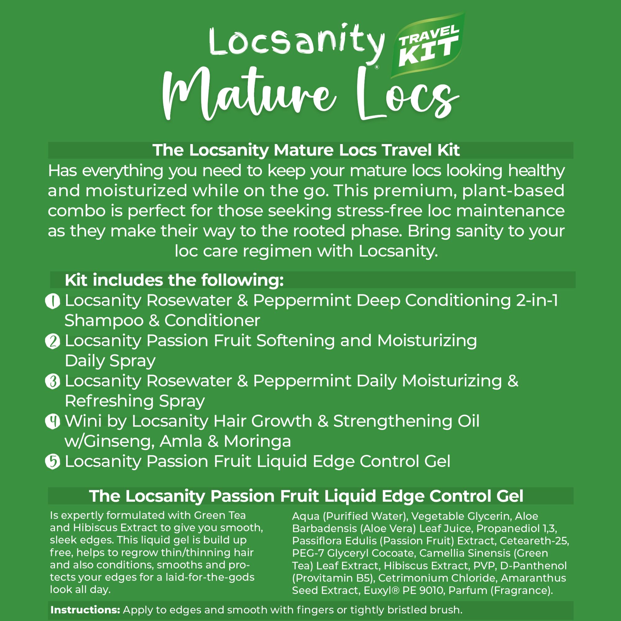 Locsanity Organic Teen Locs Essentials Kit – 2-in-1 Shampoo & Conditioner, Passion Fruit Spray, Hair Oil, Rosewater Peppermint Tightening Gel, Liquid Edge Gel