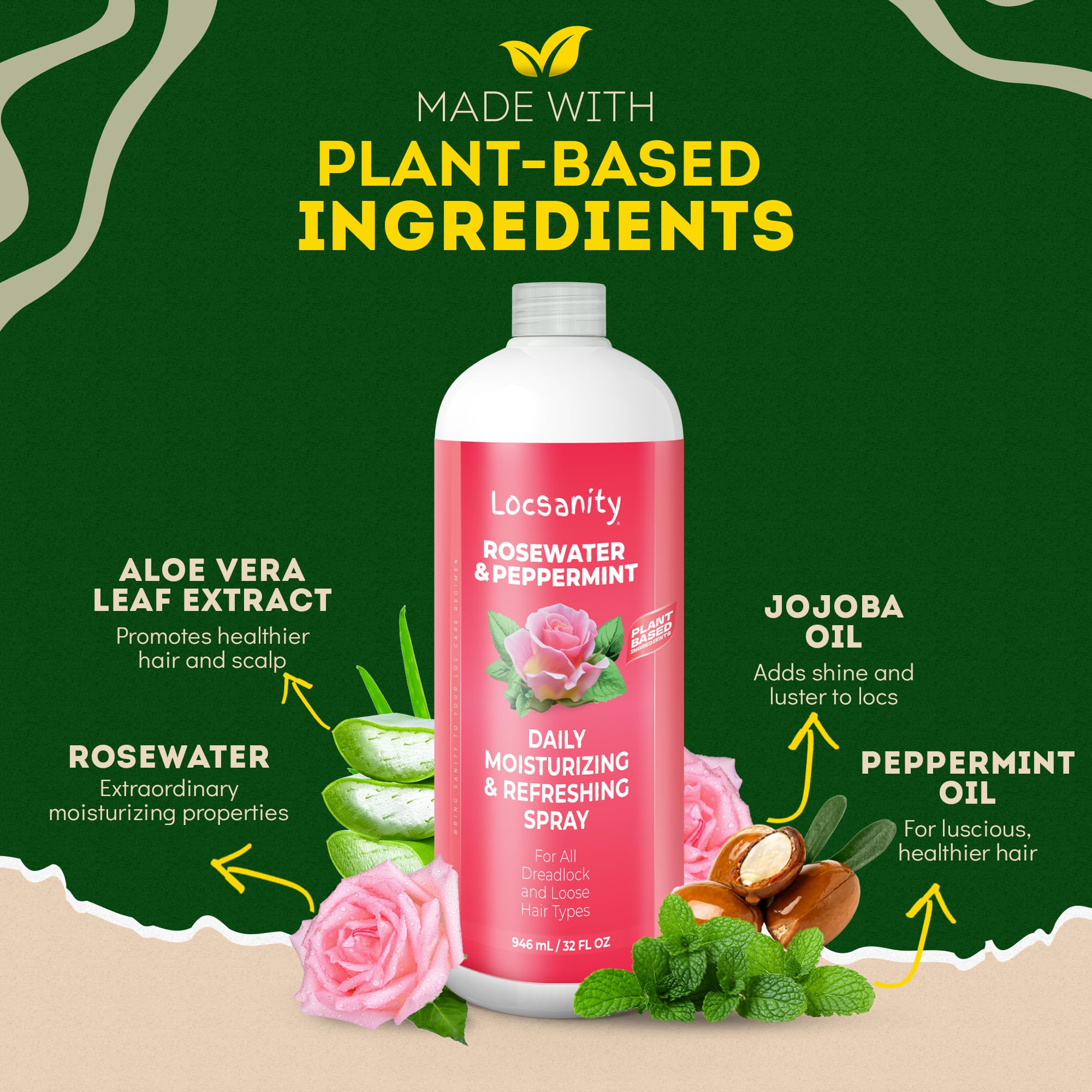 Locsanity Rosewater & Peppermint Daily Moisturizing Spray – Jumbo 32oz for Hydrated Locs & Scalp