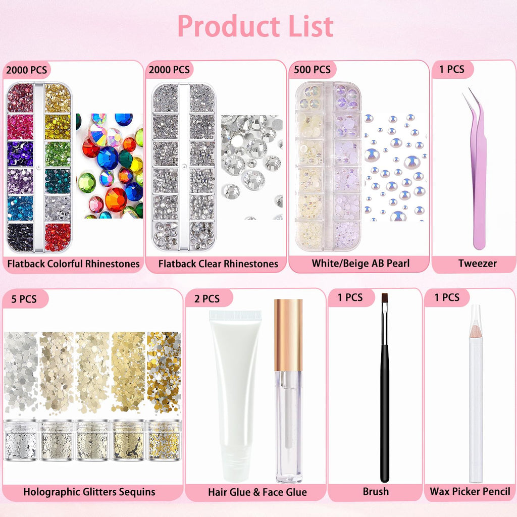 LOIKMIUP Hair & Face Gems Kit with Glue, Pearls, Glitter & Tools