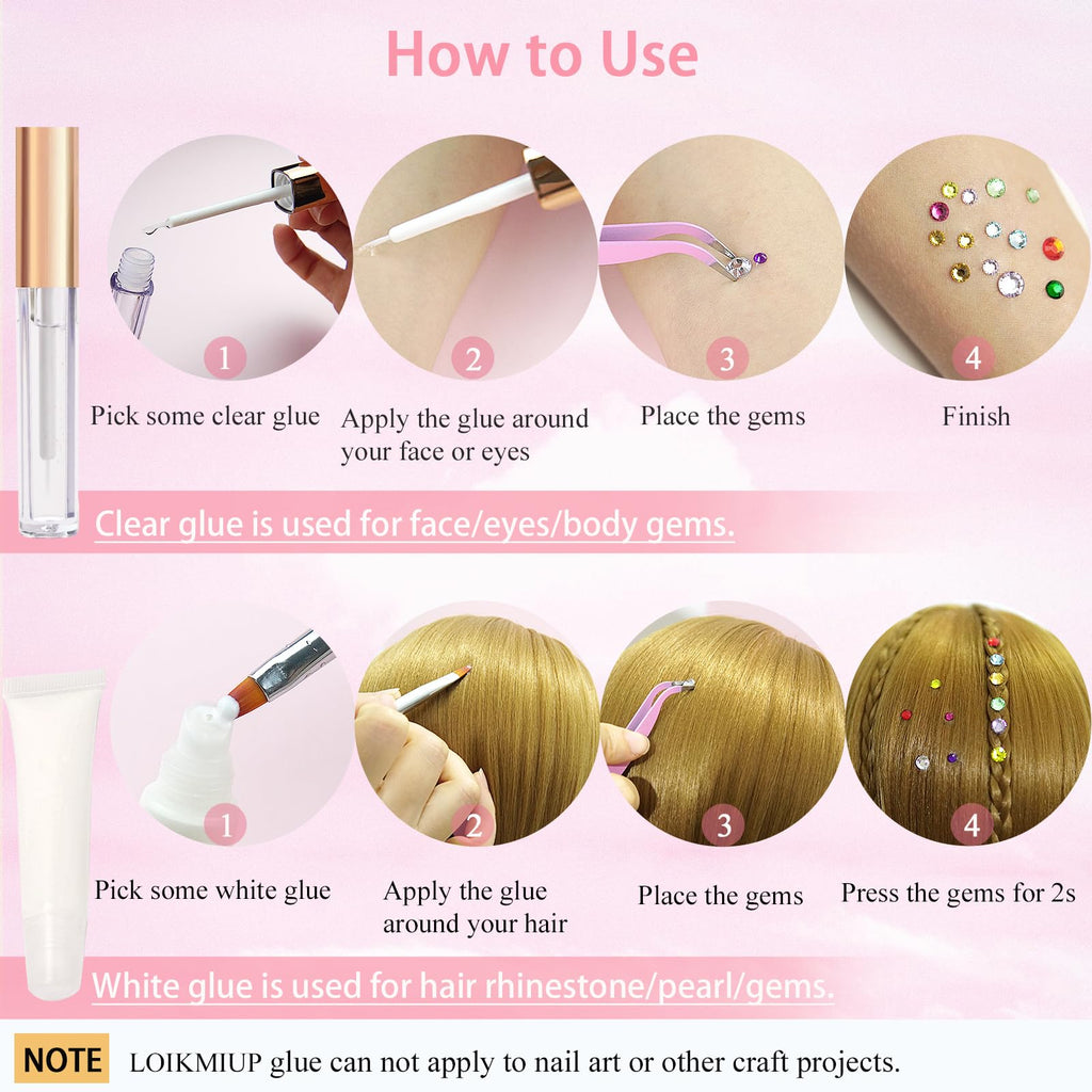 LOIKMIUP Hair & Face Gems Kit with Glue, Pearls, Glitter & Tools