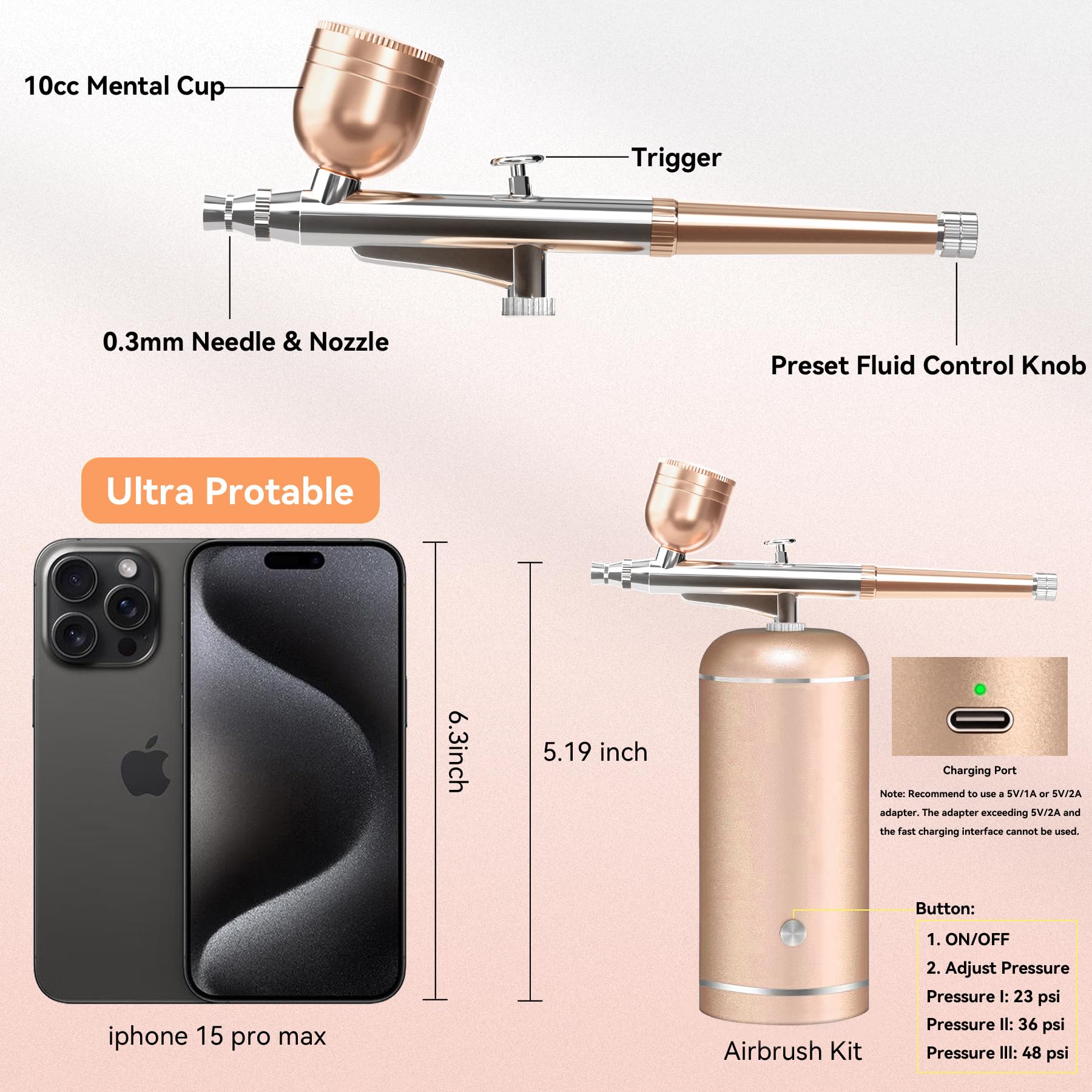 LOISVI Airbrush Kit with Compressor – 48 PSI Cordless USB Rechargeable, 0.3mm Nozzle for Nail Art, Makeup & Cake Decorating